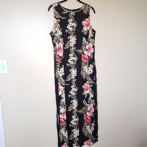 Iolani Vintage Black Hawaiian Print 100% Rayon Sleeveless Maxi Dress